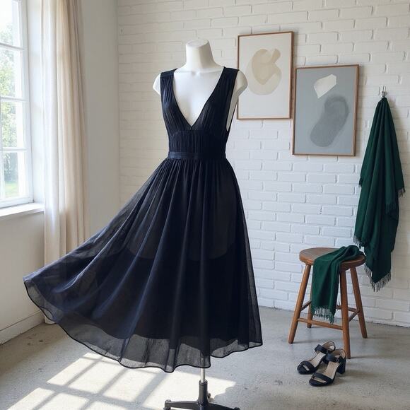 Theory Black Silk Chiffon Sheer pleated dress SZ 6 LBD Minimalist Quiet Luxury - Picture 2 of 16